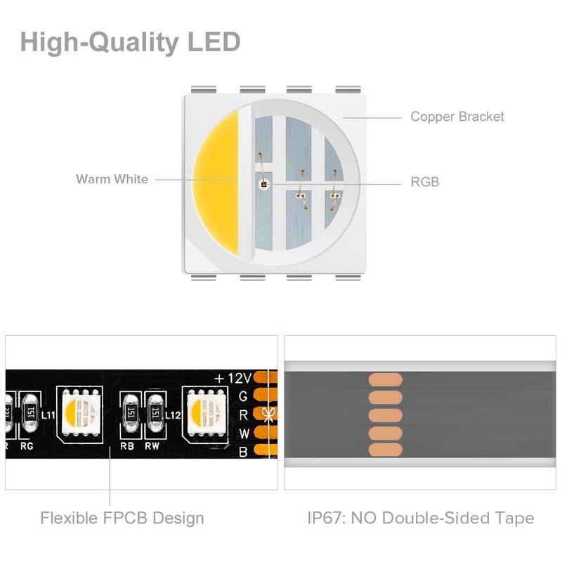 BTF-LIGHTING 5050 RGBW RGB+Warm White(2700K-3000K) 4 Colors in 1 LED Tape Light DC12V 5m 16.4ft 60LED/m Multi-Colored IP67 Black 14mm PCB for Bedroom Kitchen Home Decoration(No Adapter or Controller) - Image 3
